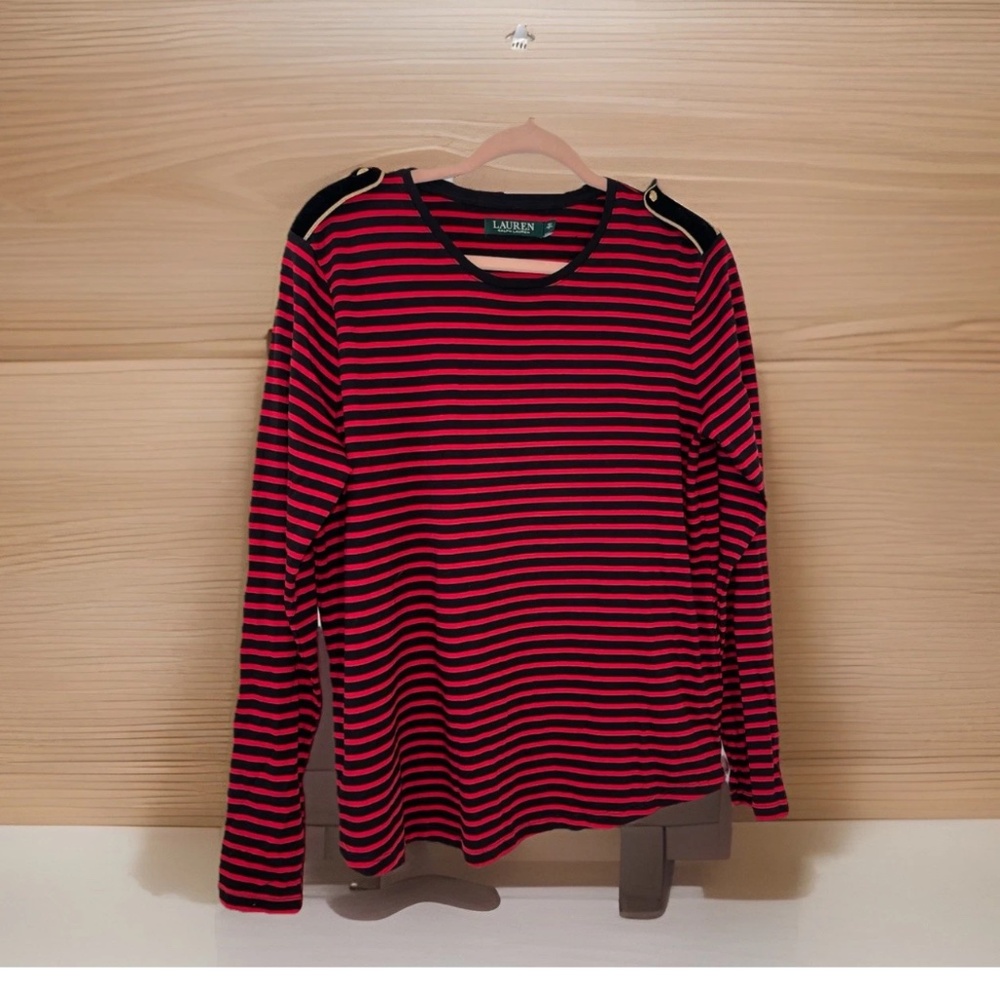 Lauren Ralph Lauren Women’s Red Black Striped Top L Old Money Preppy Luxury